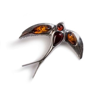 Cognac & Cherry Amber & Silver Swooping Swallow Bird Necklace