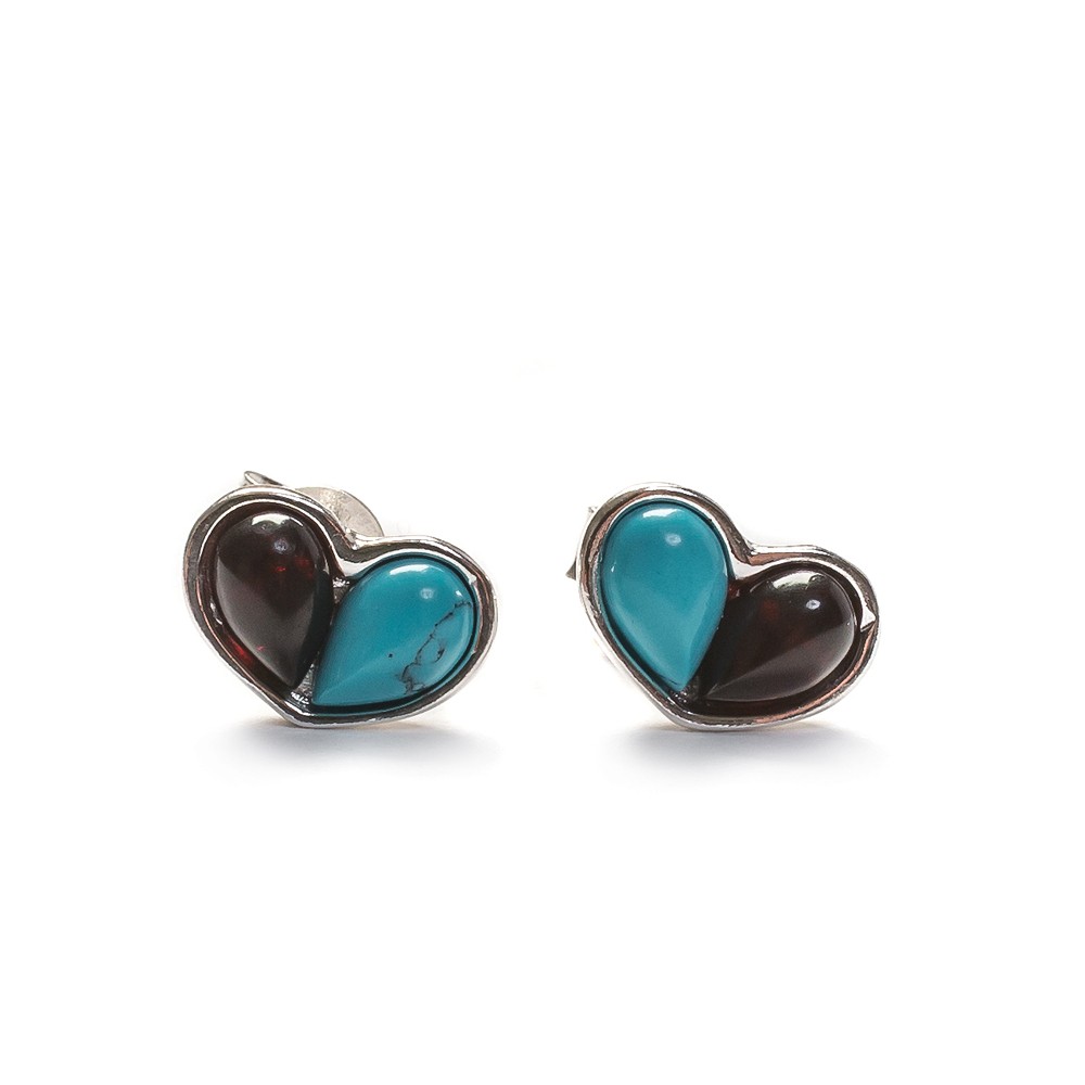 Silver Heart Stud Earrings Cherry Amber Turquoise – Oxenham Art