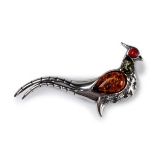 Amber & Silver Pheasant Brooch