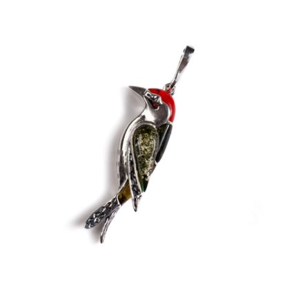 Small Amber & Coral Woodpecker Bird Necklace
