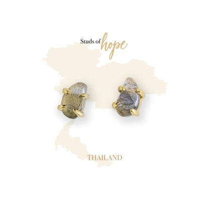Gold Labradorite Droplet Stud Earrings, Studs of Hope - Thailand by Vurchoo. Handmade with 18k gold & 925 silver. Each pair sold helps children in Thailand.